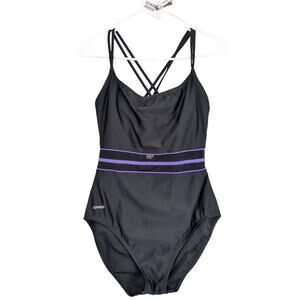 Speedo Women's 12 Black One-Piece Swimsuit Bathing Suit Sheer Waist Panel Hi-Cut